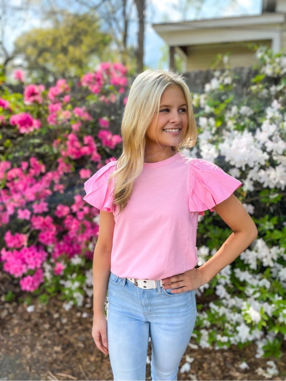 THML Pink Ruffle Sleeve Top Size M